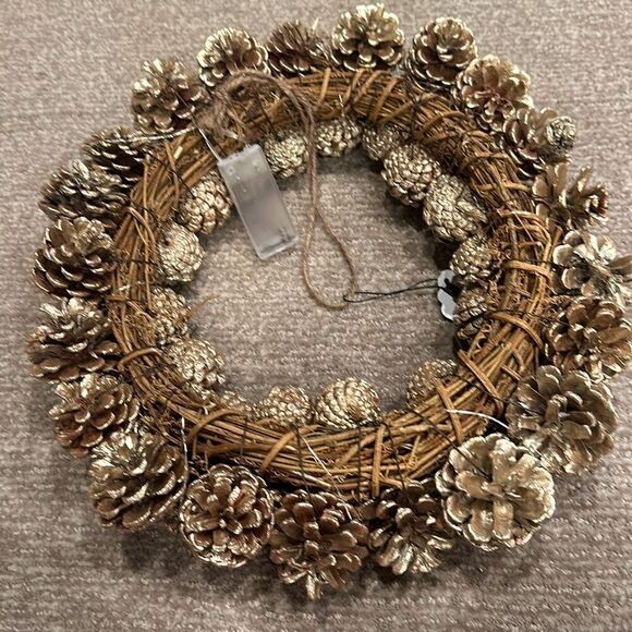 Anthropologie Terrain Lit Pinecone Wreath Gold with LED Lights - Picture 3 of 3